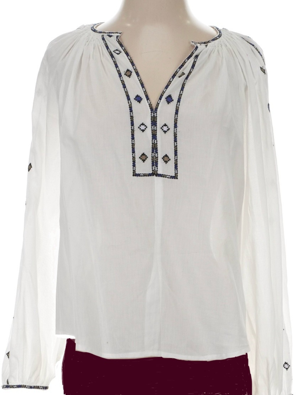 Anthropologie Velvet by Graham & Spencer White Peasant Blouse Navy Embroidery